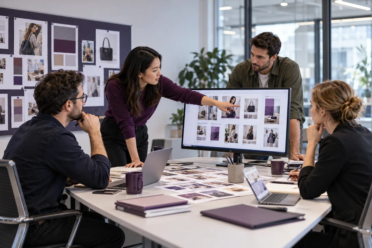 Marketing colleagues reviewing product advertising creative.
