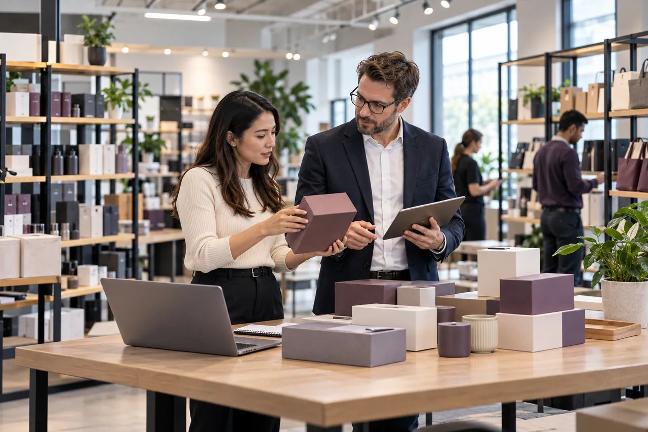 A buyer and supplier reviewing product information and retail requirements.